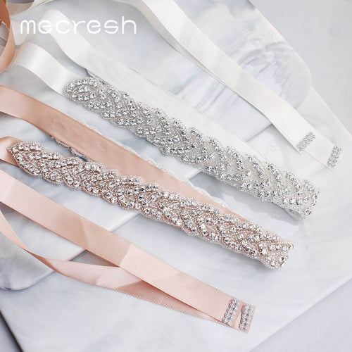 Mecresh Elegant Silver Rhinestones Wedding Belt Sash White Pink Ribbon Bridal Belt for Wedding Gown Wedding Accessories MYD022