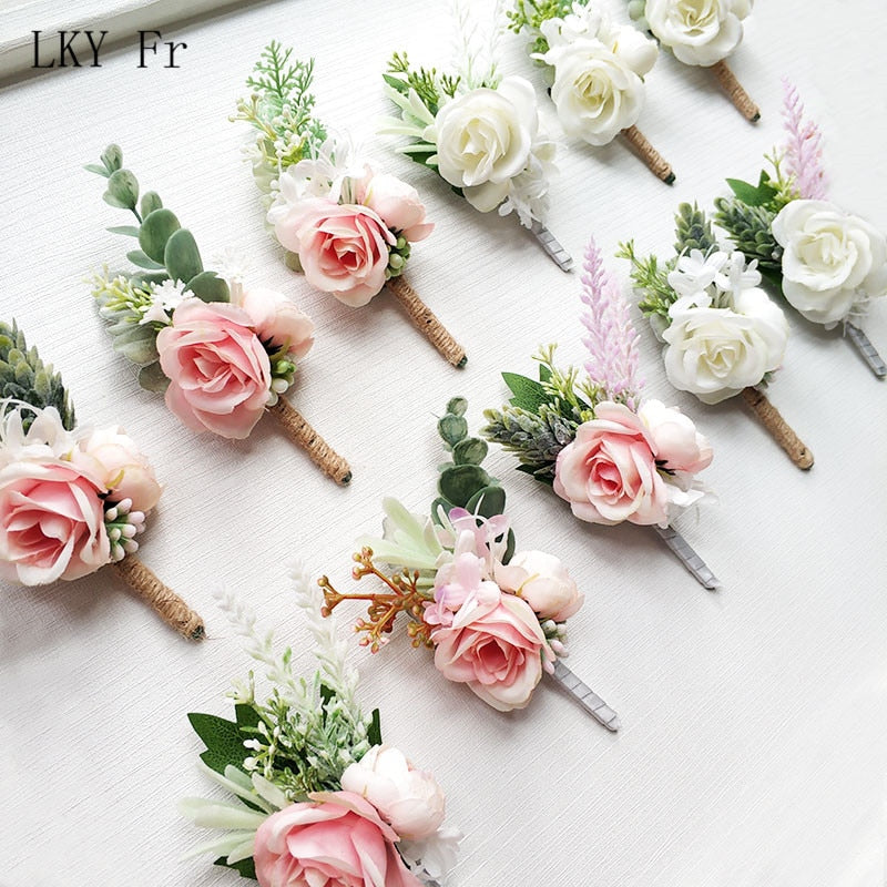 LKY Fr Boutonniere Flowers Wedding Corsage Pins White Pink Groom