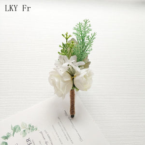 LKY Fr Boutonniere Flowers Wedding Corsage Pins White Pink Groom Boutonniere Buttonhole Men Wedding Witness Marriage Accessories