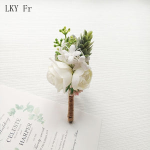LKY Fr Boutonniere Flowers Wedding Corsage Pins White Pink Groom Boutonniere Buttonhole Men Wedding Witness Marriage Accessories