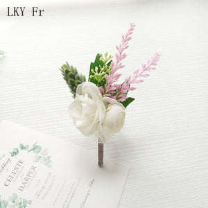 LKY Fr Boutonniere Flowers Wedding Corsage Pins White Pink Groom Boutonniere Buttonhole Men Wedding Witness Marriage Accessories