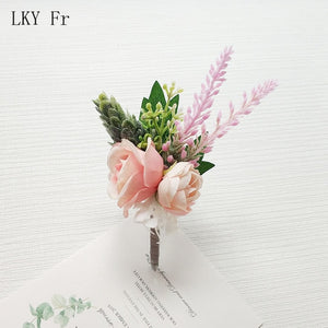 LKY Fr Boutonniere Flowers Wedding Corsage Pins White Pink Groom Boutonniere Buttonhole Men Wedding Witness Marriage Accessories