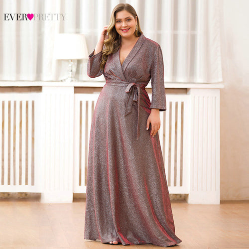 Plus Size Mother Of The Bride Dresses Ever Pretty Long Sleeve V-Neck Sparkle Farsali Formal Mother Dresses Vestido De Madrinha
