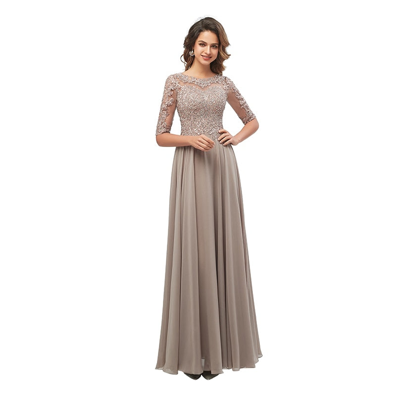 Lace Applique Beaded Mother of the Bride Dresses Elegant Three Quarter Sleeve Long Chiffon Evening Formal Maxi Dress