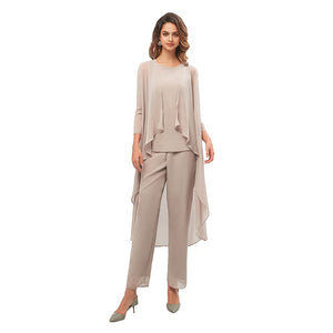 Elegant Three Pieces Mother of The Bride Dresses Chiffon Pant Suits with Long Jacket Plus Size Mother of the Groom Dress 2019